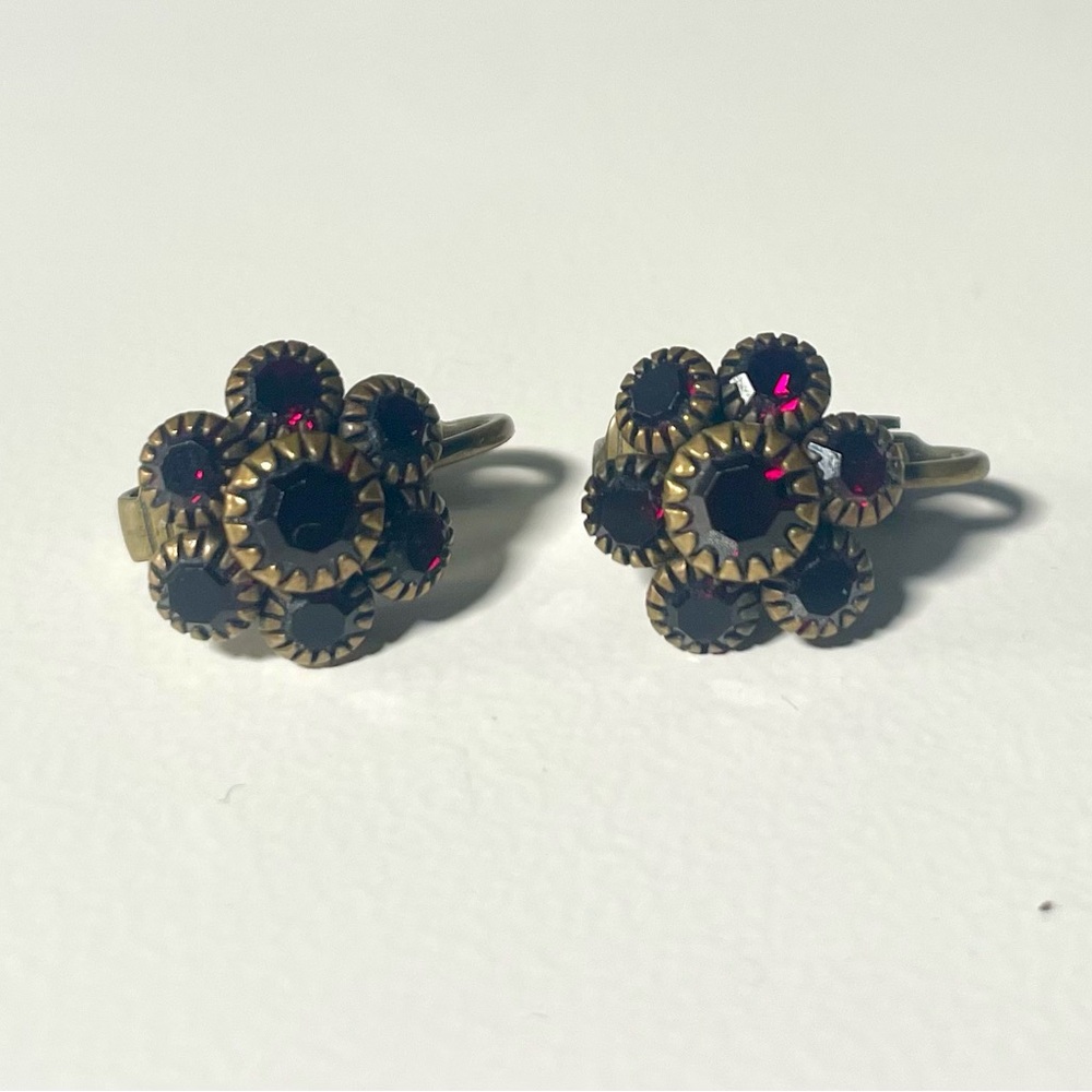 Liz Palacios Red Swarovski Crystal Flower Clip Earrings Vintage 90s Jewelry